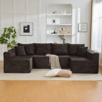 Divano a U in velluto a coste con portabicchieri integrato e tasca laterale, imbottitura a molle, 320x155x88 cm, Marrone(m-4)