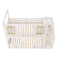Cama de beliche estilo cabana, escada com armário e arrumação, 2 áreas de dormir de 90X200 cm cada, 254x95x170 cm, Branco(m-8)