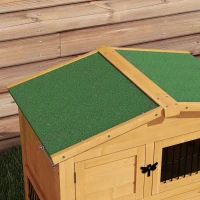 PawHut Konijnenhok 2 Verdiepingen Tannenhout Winterbestendig Dubbeldeks met Vrijloopgehege Helling 150x52x68 cm Geel(m-8)