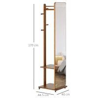 HOMCOM Oglindă de Podea cu Suport pentru Haine, Rafturi și Roți, MDF și Lemn de Pin, 40 x 44,5 x 170 cm, Nuanță de Nuc(m-3)