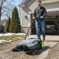 Outsunny ehrmaschine manuell mit 68 cm Kehrbreite, 24 L Schmutzbehälter, Höhenverstellbar klappbar Griff 3-Bürsten-Kehrsystem(m-8)
