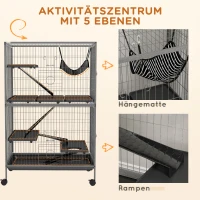 PawHut Kleine huisdierkooi met hangmat, knaagdierkooi met wielen, 4-verdiepingen kooi, Metaal, Kunststof, 80 x 52 x 128 cm, Grijs(m-6)