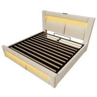 Cama de casal 140x200 cm com arrumação hidráulica, estrutura metálica com estrado de ripas em madeira, 217x143x107 cm, Bege(m-7)