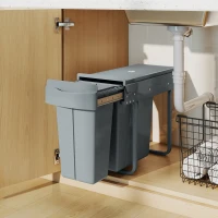 HOMCOM Uittrekbare prullenbak, keukenafvalbak met 2 uitneembare emmers, handvat, 30 liter (20 L+10 L), metaal, grijs(m-9)