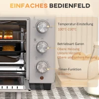 HOMCOM Mini-oven, 21 L broodrooster-oven met 1 draadrek en 1 bakplaat, 3 kookmodi, 100 °C-230 °C, roestvrij staal, glas, Zilver(m-7)
