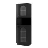 Armario de baño de esquina con tira LED, moderno, compacto y resistente a la humedad, 45x45x166,5 cm, Negro(m-7)