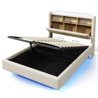 Cama estofada 140 × 200 cm, iluminação LED, design flutuante, sem colchão, 217x141x110 cm, Bege(m-9)