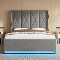 Letto contenitore vellutato con testiera imbottita e trapuntata e tasche laterali, 170x213x141 cm, Grigio scuro(m-1)