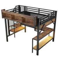 Cama alta 140x200 cm estilo vintage com secretária de canto, muito espaço de arrumação e chapa metálica‑perfurada, régua de tomadas integrada, 255x164x182 cm, Castanho+Preto(m-7)