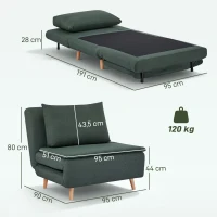 HOMCOM 3-in-1 slaapfauteuil met bedfunctie, ligfauteuil, verstelbare rugleuning, beukenhouten poten, kussen, Donkergroen(m-3)