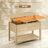 HOMCOM Mesa de centro elevable y extensible mesa de salón con compartimento oculto estantería abierta 100x45x50,5cm madera natural(m-3)