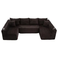 Sofá em U de veludo cotelê, com porta-copos integrado e bolso lateral, estofamento com molas, 320x155x88 cm, Castanho(m-1)
