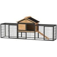 PawHut Konijnenhok 2 Niveaus Winterbestendig met Vrijloopren 217x53x86 cm, Geel(m-10)