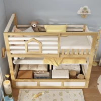 Cama beliche infantil estilo cabana, 2 lugares de dormir de 90×200 cm cada, sem colchão, 210x102x184 cm, Cor natural(m-5)