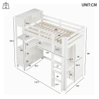 Lit mezzanine 90x200 cm, garde-corps de sécurité pour enfants dès 6 ans, sans matelas, 232,5x100x189,5 cm, Blanc(m-3)