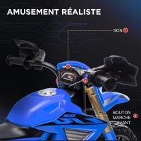 AIYAPLAY Moto cross électrique pour enfants 3-8 ans, batterie 6 V, 2 moteurs, klaxon et roues d'entraînement, charge 30KG, bleu(m-6)
