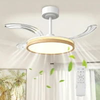 HOMCOM Ventilateur de plafond avec lumière et télécommande, plafonnier ventilateur 95 cm avec pales rétractables, bois naturel(m-12)