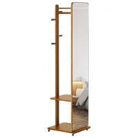 HOMCOM Oglindă de Podea cu Suport pentru Haine, Rafturi și Roți, MDF și Lemn de Pin, 40 x 44,5 x 170 cm, Nuanță de Nuc(m-12)