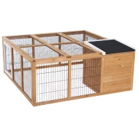 PawHut konijnenhok konijnenhok met ren klein dierenhok dak kan geopend worden waterdicht multifunctioneel dennenhout naturel 123 x 120 x 52 cm(m-7)