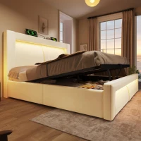 Cama de casal 140x200 cm com arrumação hidráulica, estrutura metálica com estrado de ripas em madeira, 217x143x107 cm, Bege(m-5)