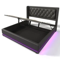 Cama estofada cama de casal 180x200 cm com arrumação hidráulica, estrutura de aço estável, revestimento em PU fácil de limpar, sem colchão, 210x190x101 cm, Preto(m-7)