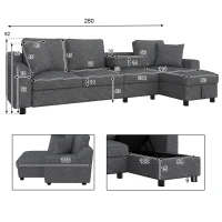 Divano angolare moderno in ciniglia con cuscini, schienale reclinabile e portabicchieri, 280x136x82 cm, Grigio(m-3)