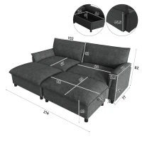 Divano a U con pouf poggiapiedi flessibile e vano portaoggetti nascosto, 216x77x82 cm, Nero(m-3)