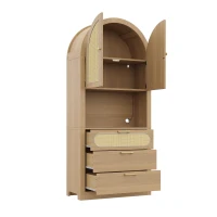 Mobile contenitore ad arco stile scandinavo con ante in rattan e sistema antiribaltamento, 80x35x180 cm, color legno(m-7)