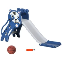 AIYAPLAY 3-in-1 kinderglijbaan met klimrek en basketbalring, cartoonontwerp voor kinderen van 18-36 maanden, blauw(m-10)