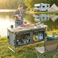 Outsunny Tavolino da Campeggio Picnic con Base per Cibi e Bevande Altezza Regolabile Pieghevole Alluminio, Legno 120x47x55/62/68cm(m-2)