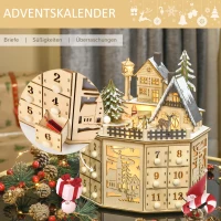 HOMCOM kerst adventskalender met 24 lades kerstkalender met LED verlichting adventskalender box MDF plaat naturel hout 25 x 20 x 29 cm(m-5)