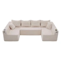 Divano a U in velluto a coste con portabicchieri integrato e tasca laterale, imbottitura a molle, 320x155x88 cm, Beige(m-2)