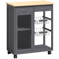 HOMCOM Bamboo Kitchen Island, Rolling Kitchen Trolley with Glass Door, 2 Metal Wire Baskets and Adjustable Shelf, Grey