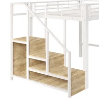 Cama alta 140×200 cm, escalera con almacenaje y bolsa de tela, sin colchón, 251,5x145x140 cm, Blanco(m-10)