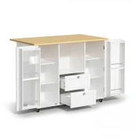 Isla de cocina sobre ruedas con encimera abatible, protección antivuelco y ruedas con bloqueo 360°, 120x70x92 cm, Blanco(m-6)