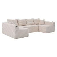 Divano a U in velluto a coste con portabicchieri integrato e tasca laterale, imbottitura a molle, 320x155x88 cm, Beige(m-6)