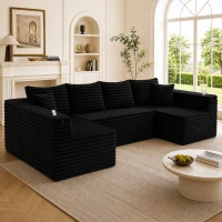 Divano a U in velluto a coste con portabicchieri integrato e tasca laterale, imbottitura a molle, 320x155x88 cm, Nero(m-1)