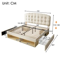 Cama de casal 140x200 estofada com estrado de ripas, cabeceira curva regulável em 3 alturas, sem colchão, 207x151x120 cm, Bege(m-3)