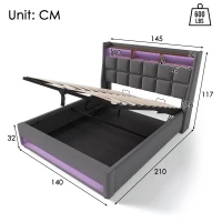 Cama estofada 140x200 cm com colchão, sistema de elevação a gás com arrumação, estrado de ripas metálicas e cabeceira estofada em linho, 210x145x117 cm, Cinzento(m-3)