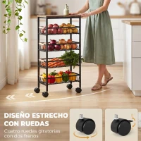 HOMCOM Carrito Auxiliar con Ruedas 4 Cestas Extraíbles Carga 15 kg Marco Metálico para Comedor 40x24x81,5 cm Rústico Marrón(m-4)