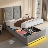 Cama em veludo com cabeceira acolchoada e matelassada, bolsos laterais, adequada para colchão 90X200 cm, 100x213x141 cm, Cinzento escuro(m-6)