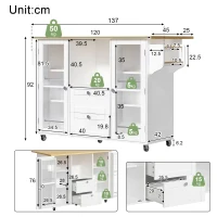 Isla de cocina sobre ruedas con encimera abatible, protección antivuelco y ruedas con bloqueo 360°, 120x70x92 cm, Blanco(m-3)