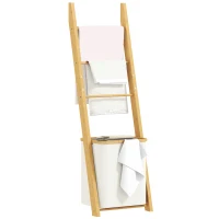 HOMCOM Badregal, 2-in-1 Badezimmerregal mit 3 Stangen, abnehmbarer 48L-Wäschekorb, Bambus, 43 x 35 x 133 cm, Cremeweiß(m-12)