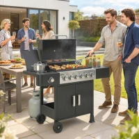 Outsunny Barbecue à gaz 6+1 brûleurs, chariot d'extérieur avec roues, grille de maintien au chaud, thermomètre, étagères latérales, noir(m-11)