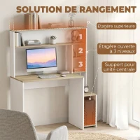 HOMCOM Bureau Informatique, 114 x 45 x 138 cm, Bureau avec Rangement, Étagères Ouvertes et Support UC, Blanc et Bois Naturel(m-4)