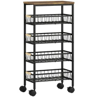 HOMCOM Carrito Auxiliar con Ruedas 4 Cestas Extraíbles Carga 15 kg Marco Metálico para Comedor 40x24x81,5 cm Rústico Marrón(m-1)