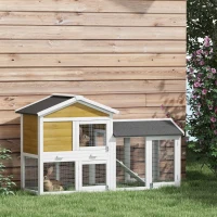 PawHut Hasenstall 2 Etagen Kaninchenstall Holz Kaninchenkäfig mit Bitumendach Freilaufgehege Rampe Türen 147x54x84 cm Gelb(m-10)