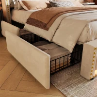 Cama estofada 180×200, cama com 4 gavetas de arrumação, iluminação LED ambiente integrada, 214x189x120 cm, Bege(m-8)