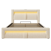Cama doble 140x200 cm con almacenamiento hidráulico, armazón metálico con somier de lamas de madera, 217x143x107 cm, Beige