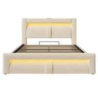 Cama de casal 140x200 cm com arrumação hidráulica, estrutura metálica com estrado de ripas em madeira, 217x143x107 cm, Bege(m-1)